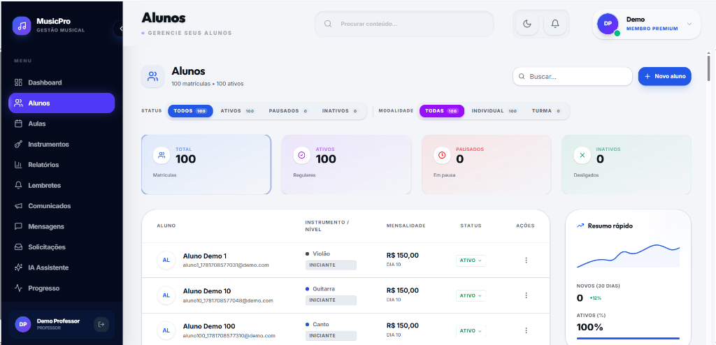 Portal do aluno e gestão de alunos no MusicPro