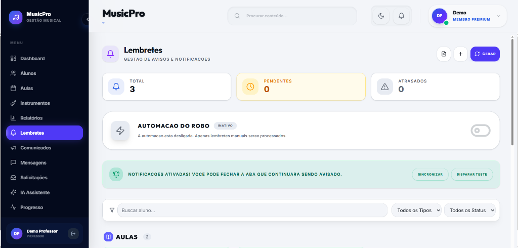 Lembretes e cobranças automáticas do MusicPro no WhatsApp